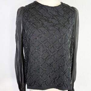 Vintage | Black Beaded Zipper Closure Sheer Long Sleeves | Sz M